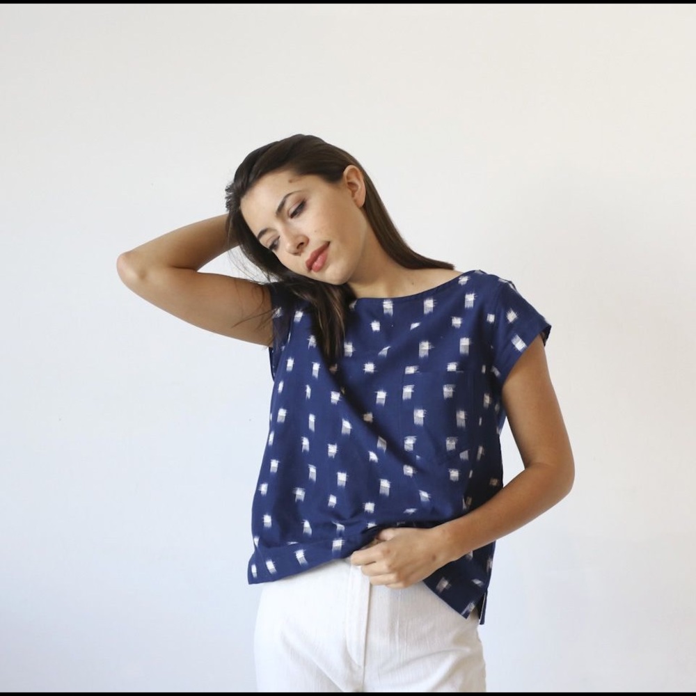 Mollusk Benetau Crop Tee Navy White Ikat Medium